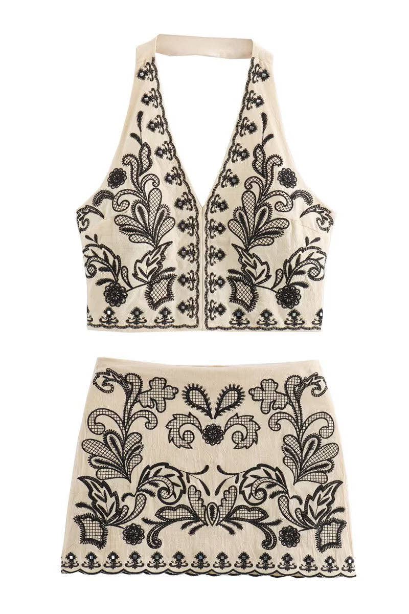 Floral Halter Crop Top and Skirt Set: BEIGE & BLACK