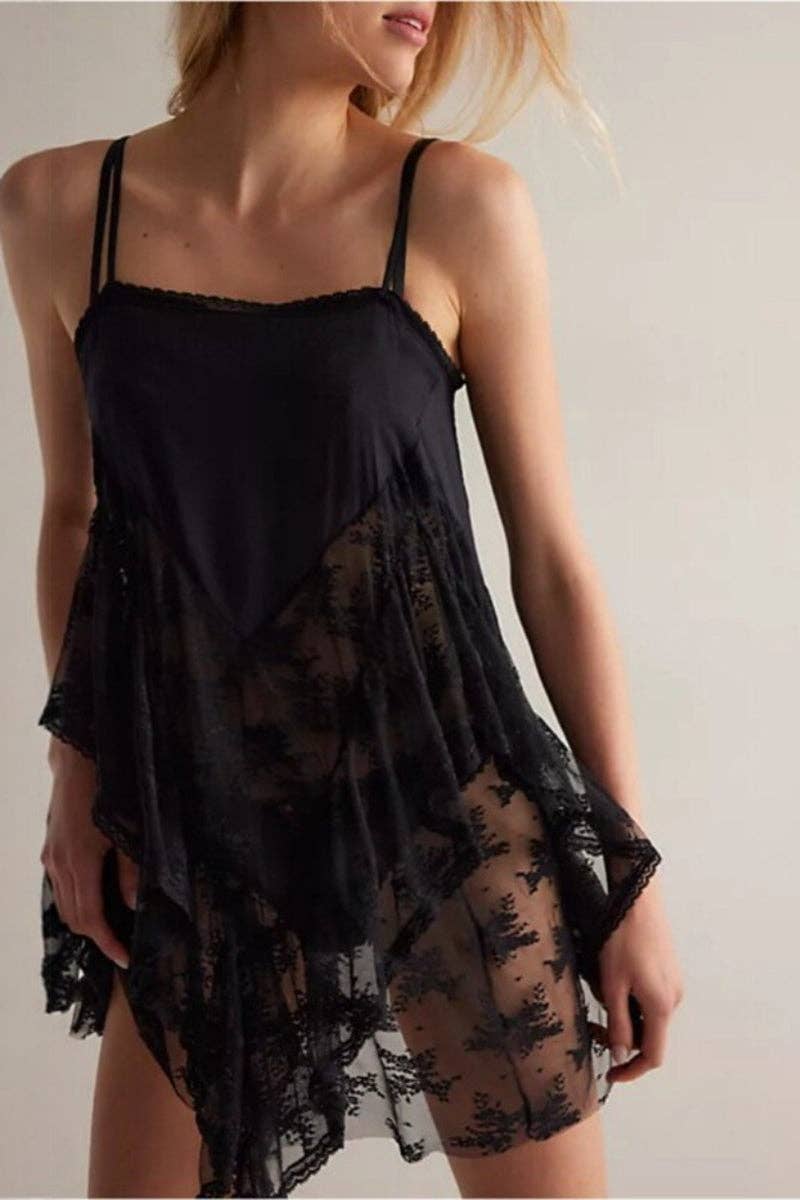 Sheer Lace Ruffle Mini Dress: BLACK