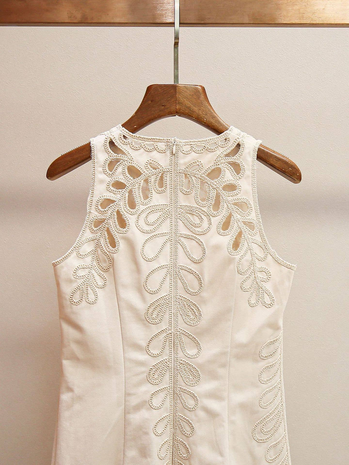 Cream Embroidered Sleeveless Dress with Scalloped Hem