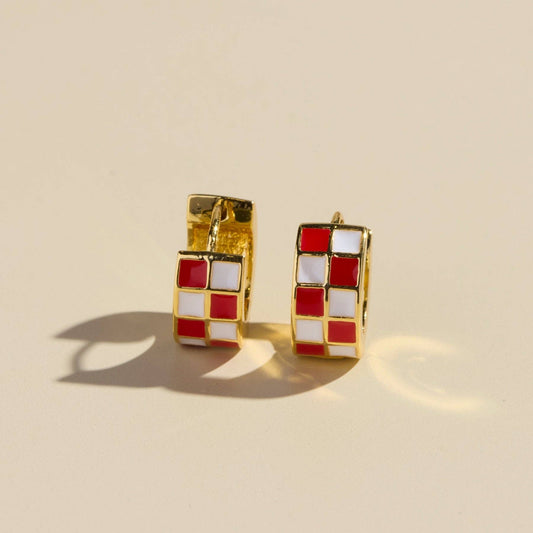Pre - Order Red & White Checkered Enamel Huggie Earrings: Gold