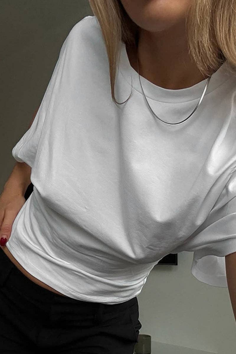 Ruched Waist Short Sleeve Top: WHITE