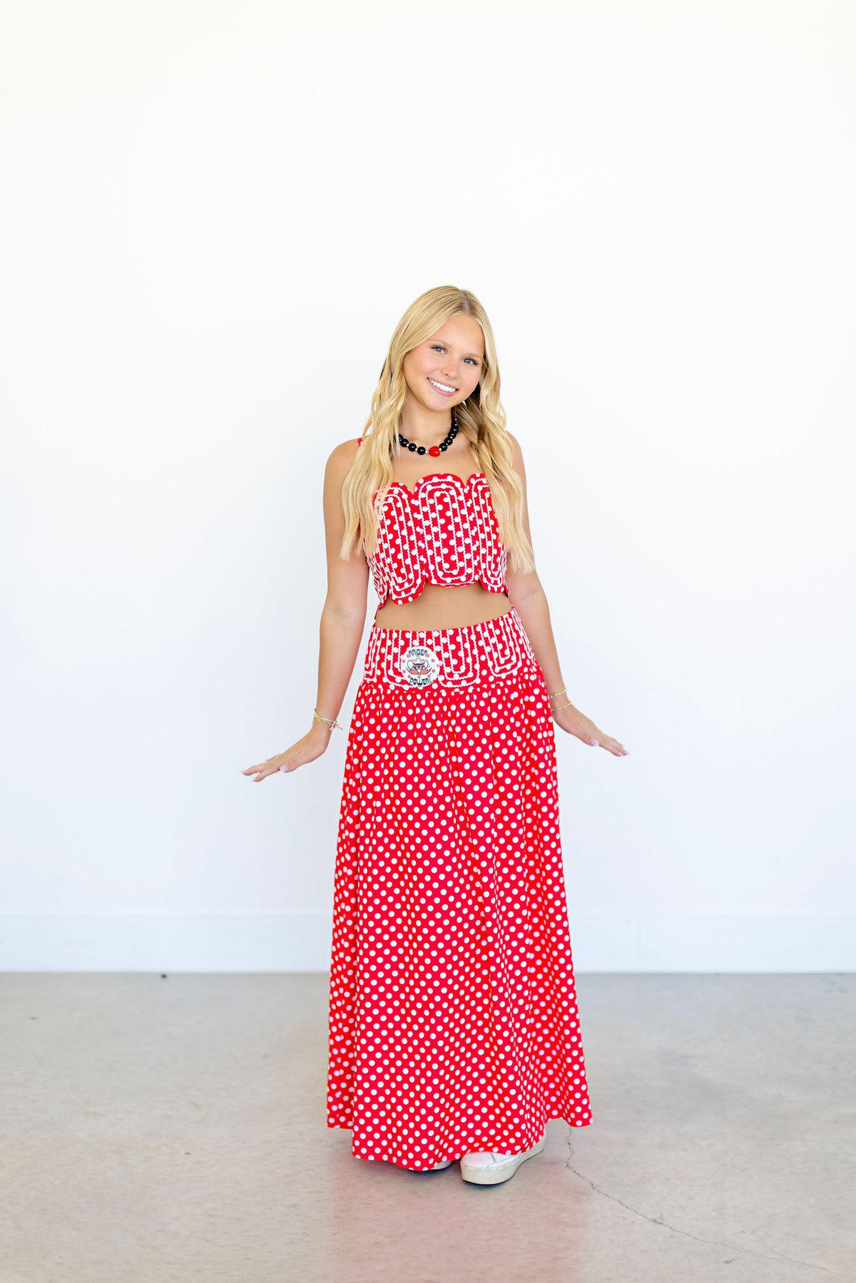 Red & White Crop Top And Polka Dot Maxi Skirt Set