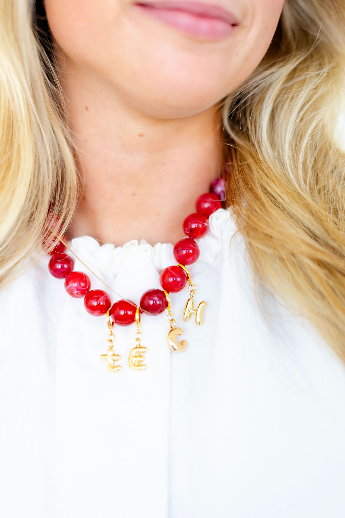 Red "TECH" Bubble Letter Beaded Necklace