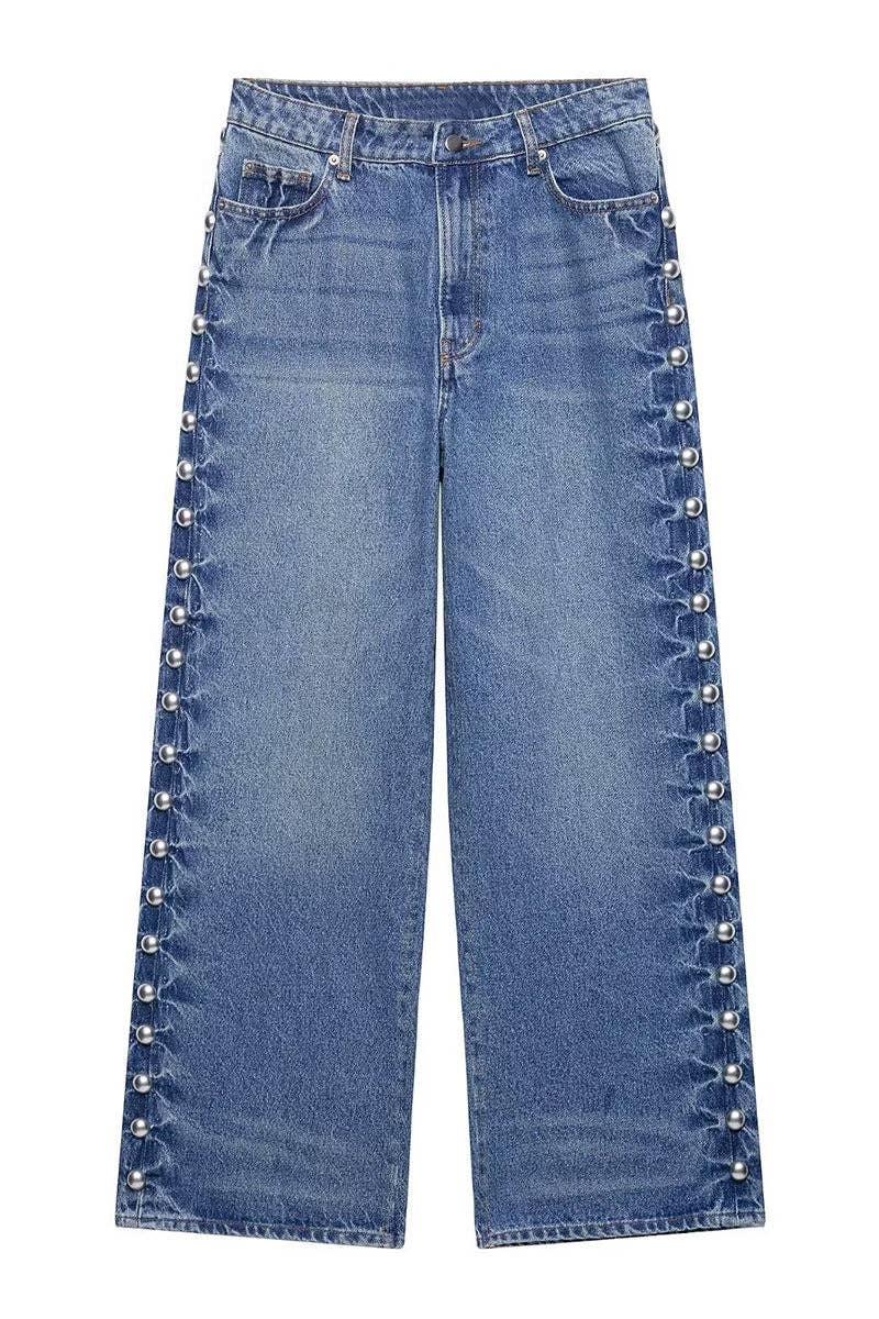 Side Stud Embellished Straight-Leg Jeans: BLUE