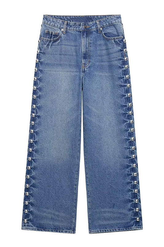 Side Stud Embellished Straight-Leg Jeans: BLUE