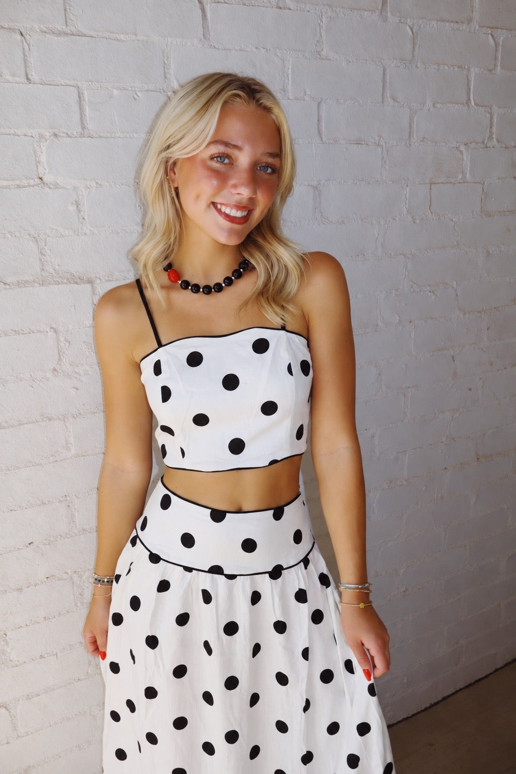 White & Black Polka Dot Wave Trim Top & Skirt Set