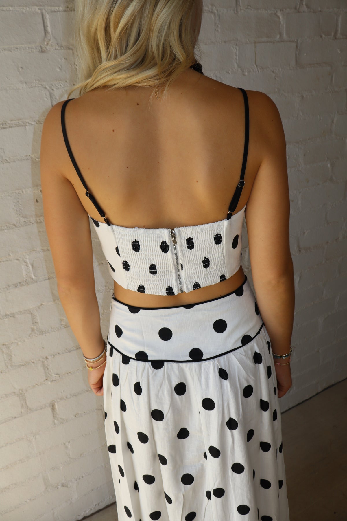 White & Black Polka Dot Wave Trim Top & Skirt Set