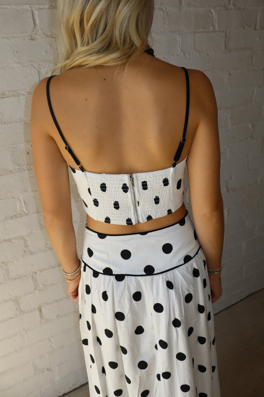 White & Black Polka Dot Wave Trim Top & Skirt Set