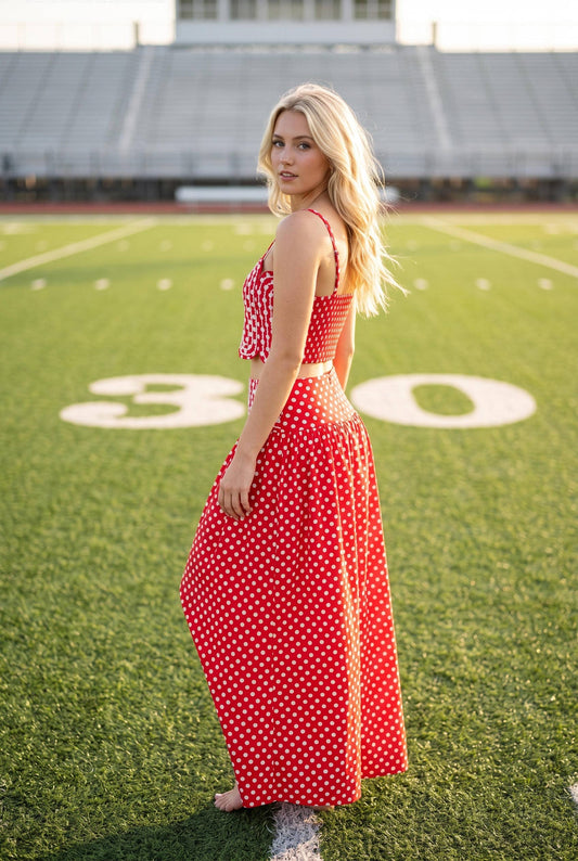 Trim Appliqué Crop Top And Polka Dot Maxi Skirt Set: RED/WHITE / S