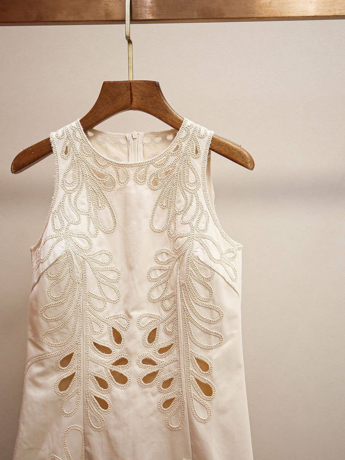 Cream Embroidered Sleeveless Dress with Scalloped Hem