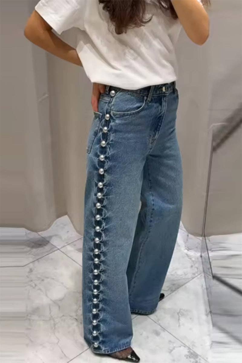 Side Stud Embellished Straight-Leg Jeans: BLUE