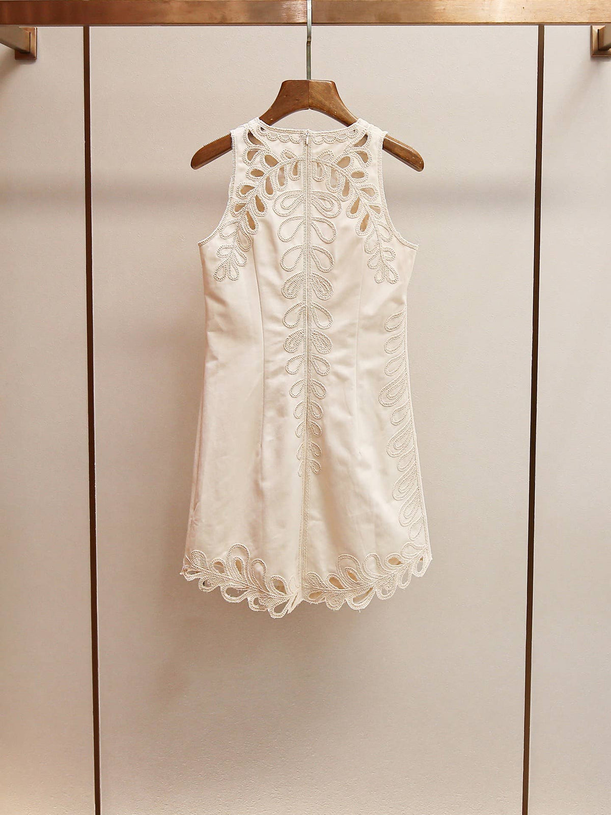 Cream Embroidered Sleeveless Dress with Scalloped Hem