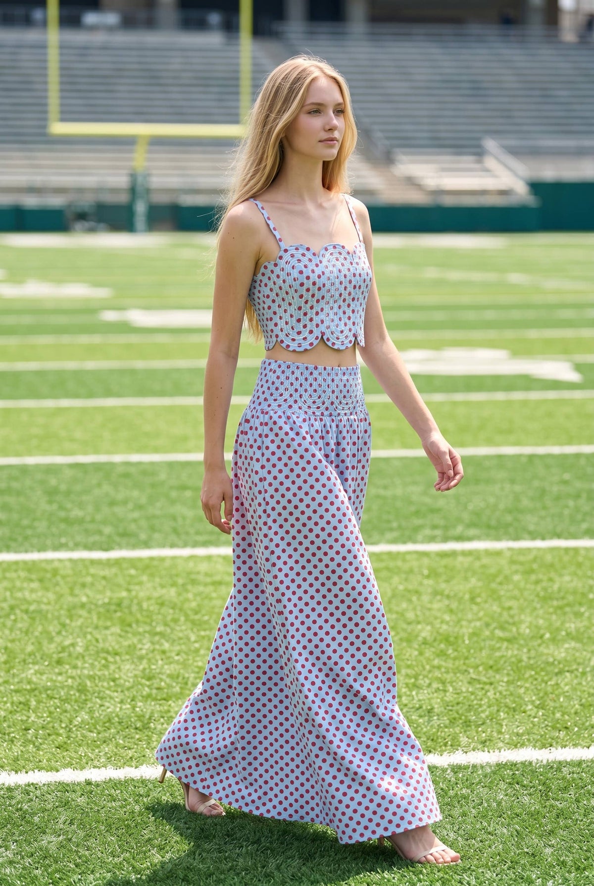 Trim Appliqué Crop Top And Polka Dot Maxi Skirt Set: RED/WHITE / S