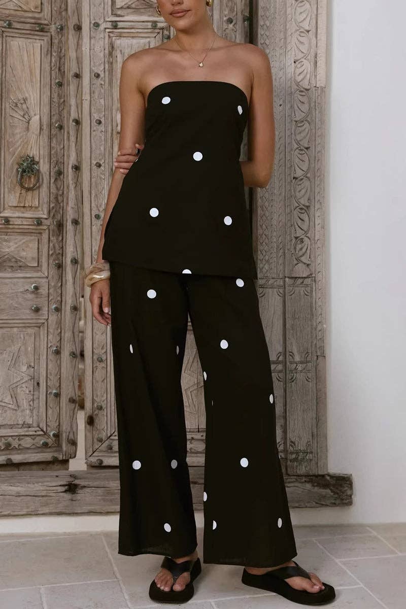Black Strapless Polka Dot Pants Set