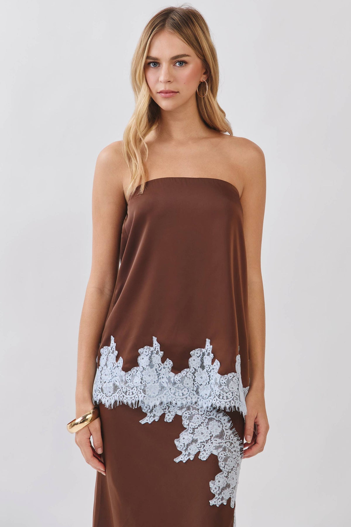 Chocolate w/ Blue Lace Trim Relaxed Fit Strapless Top