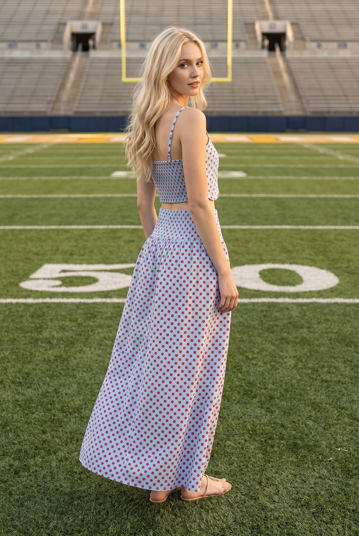 Trim Appliqué Crop Top And Polka Dot Maxi Skirt Set: RED/WHITE / S