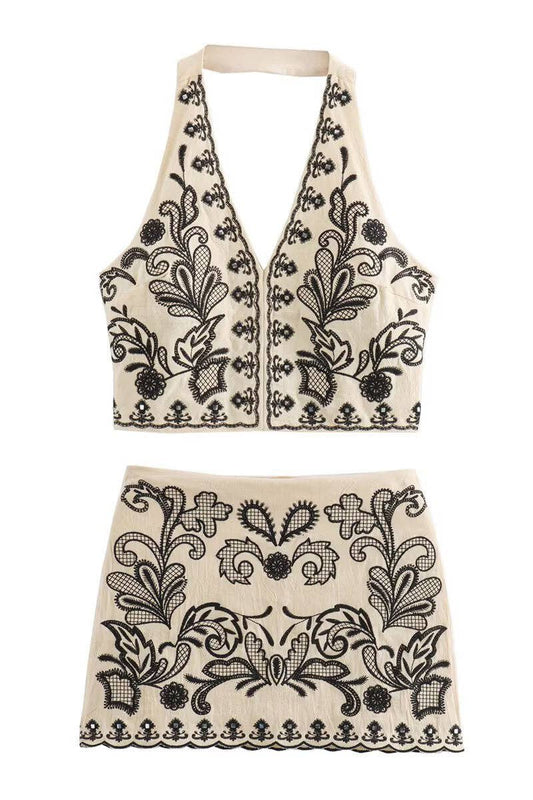 Floral Halter Crop Top and Skirt Set: BEIGE & BLACK