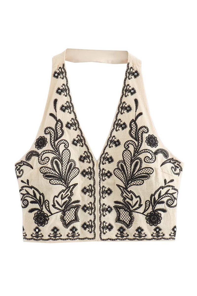 Floral Halter Crop Top and Skirt Set: BEIGE & BLACK