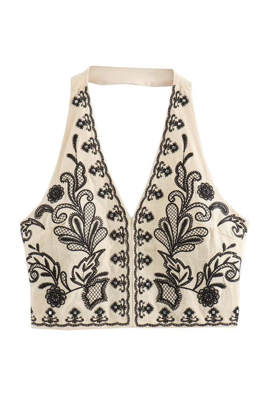 Floral Halter Crop Top and Skirt Set: BEIGE & BLACK