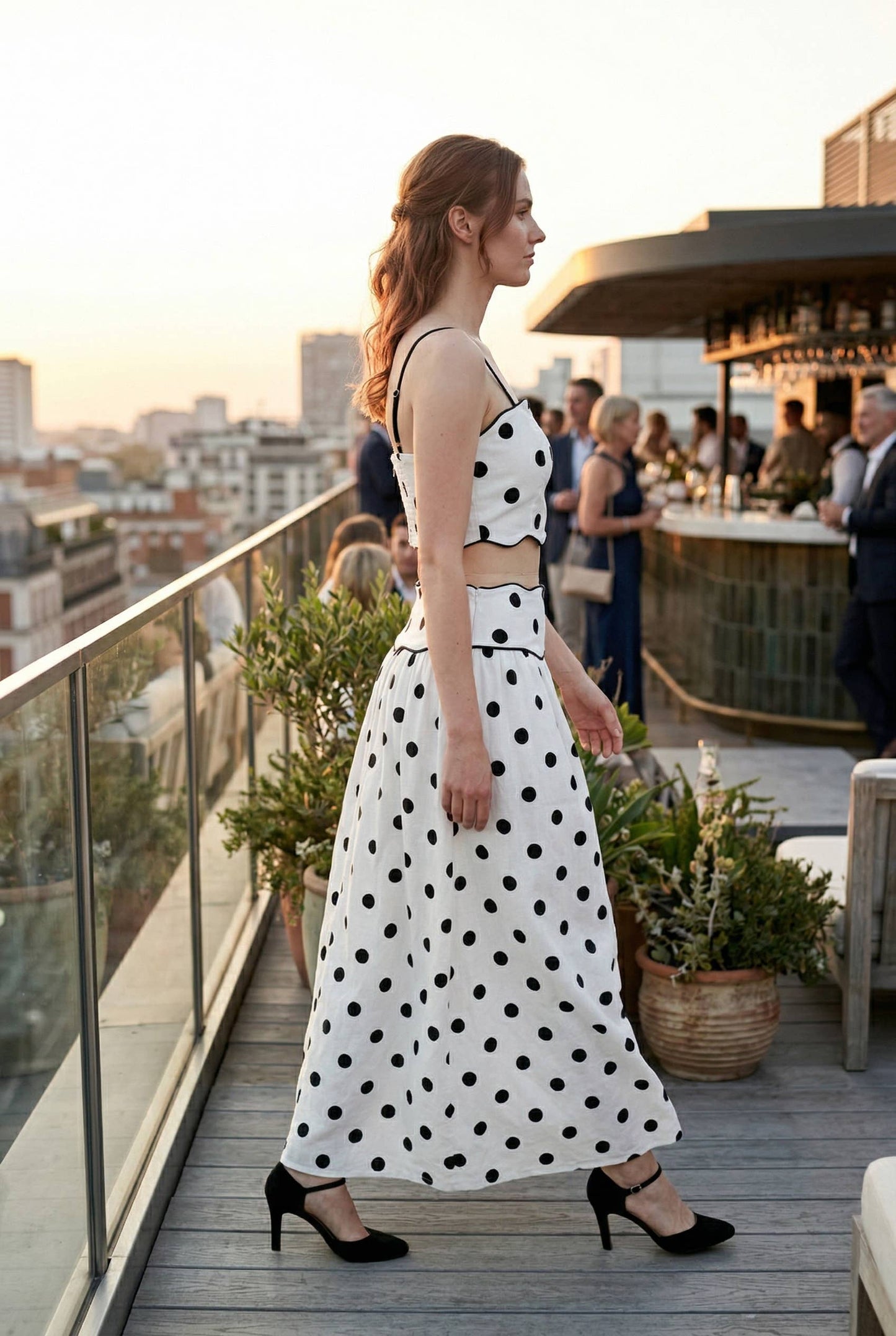Pre Order - Polka Dot Wave Trim Top & Skirt Set: WHITE/BLACK / S