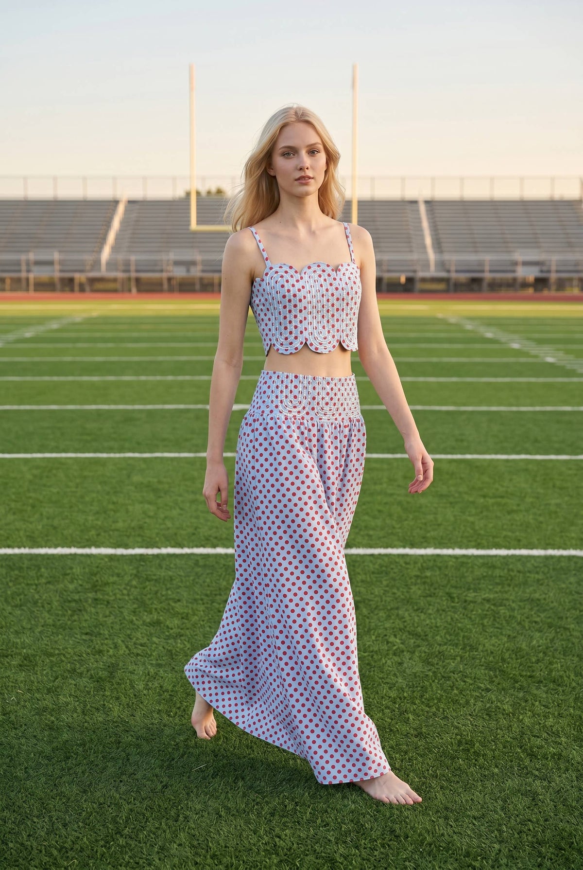 Trim Appliqué Crop Top And Polka Dot Maxi Skirt Set: RED/WHITE / S