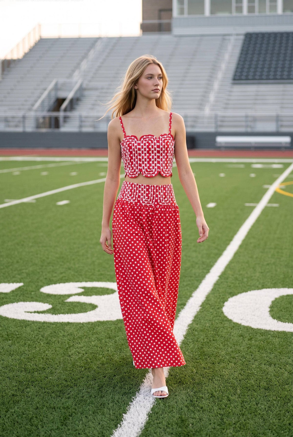Trim Appliqué Crop Top And Polka Dot Maxi Skirt Set: RED/WHITE / S