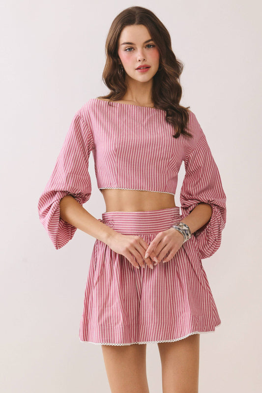 Pre Order -Two Piece Striped Cropped Top and Skirt Set : Red