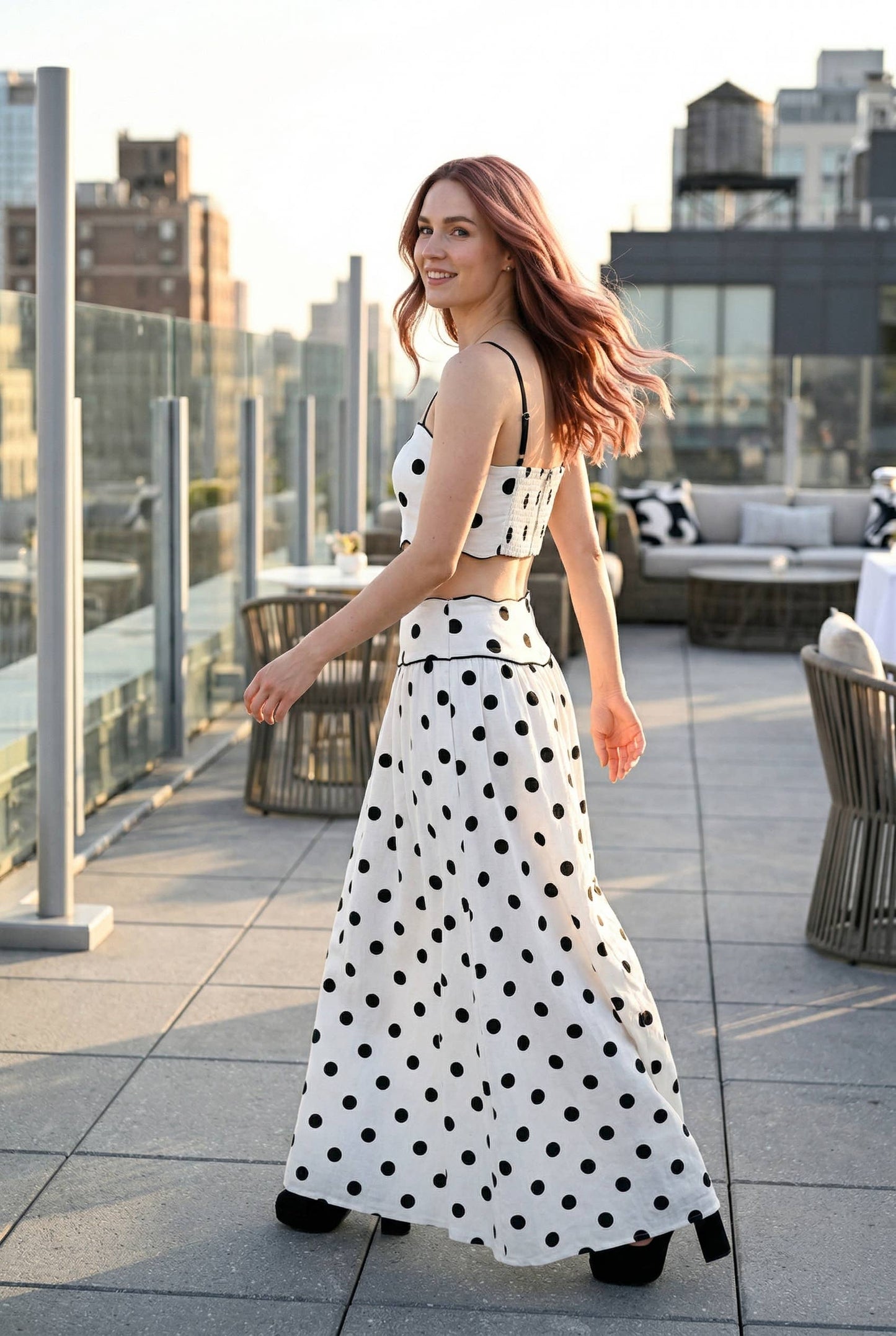 Pre Order - Polka Dot Wave Trim Top & Skirt Set: WHITE/BLACK / S