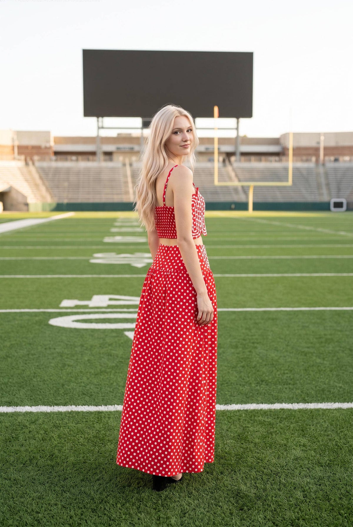 Trim Appliqué Crop Top And Polka Dot Maxi Skirt Set: RED/WHITE / S