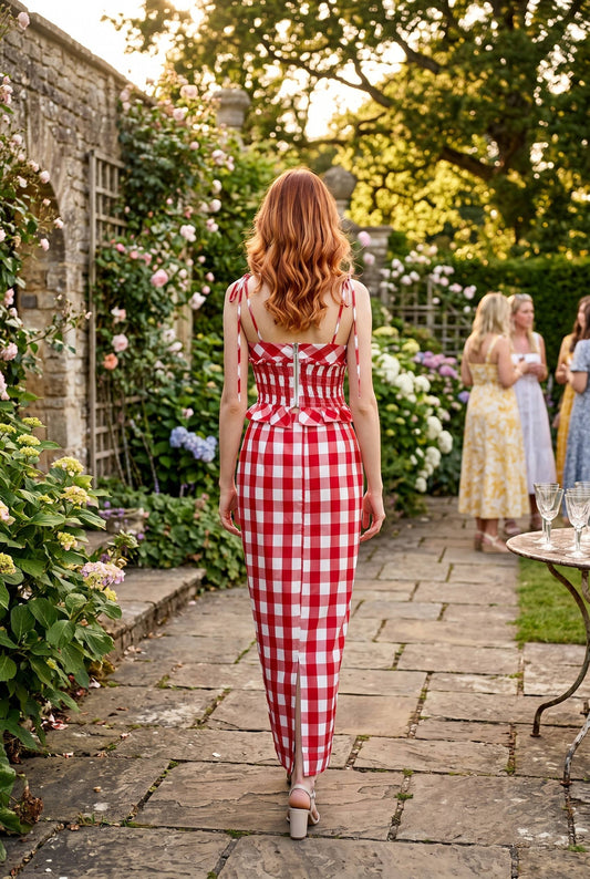 Gingham printed sweetheart neckline top and midi skirt set: RED/WHITE / S