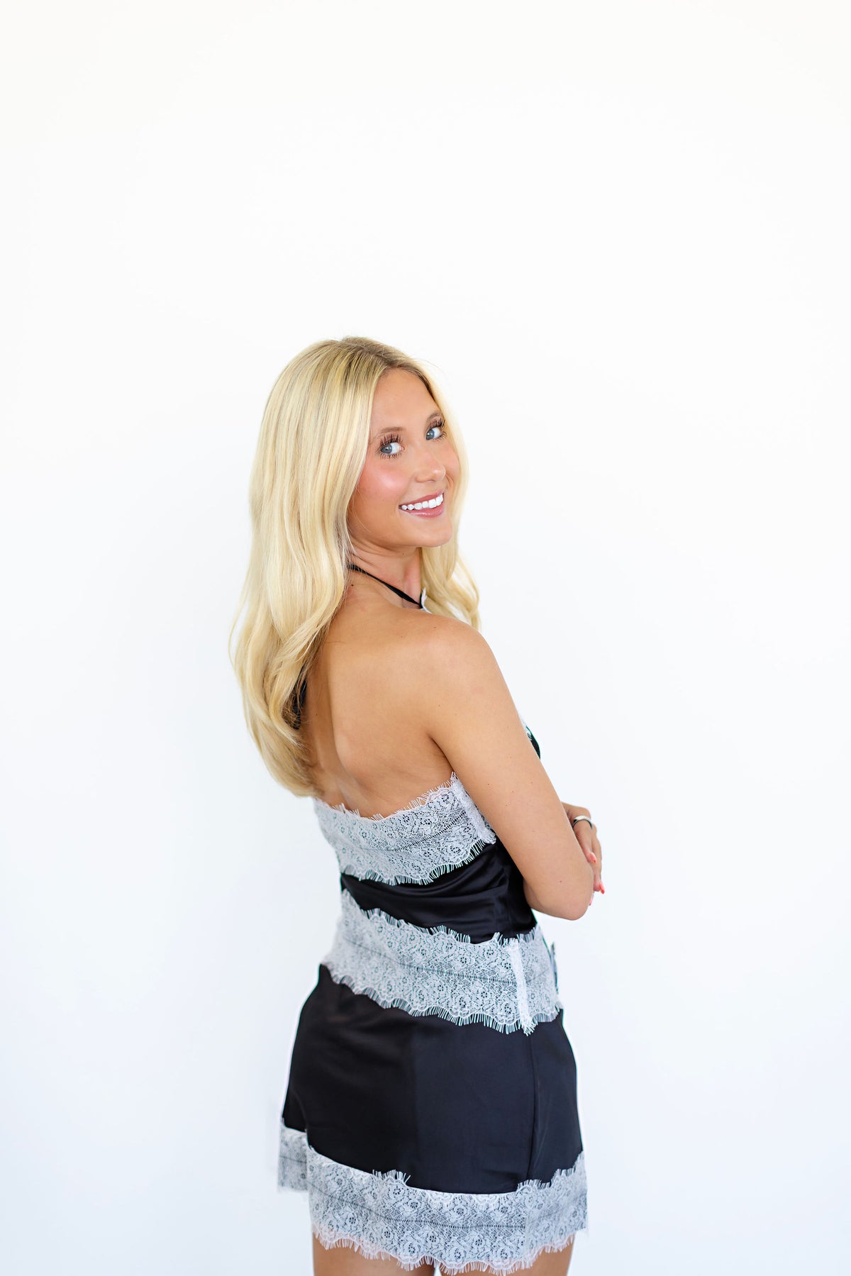 Black & White Satin lace trim halter top and matching skort set