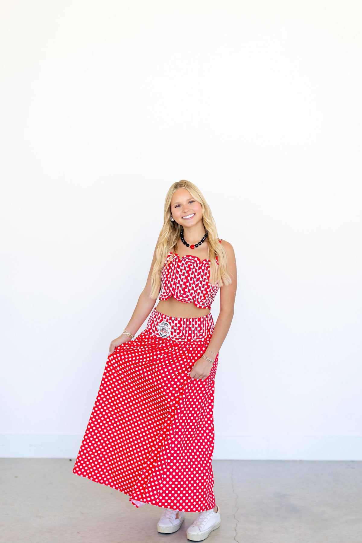Red & White Crop Top And Polka Dot Maxi Skirt Set