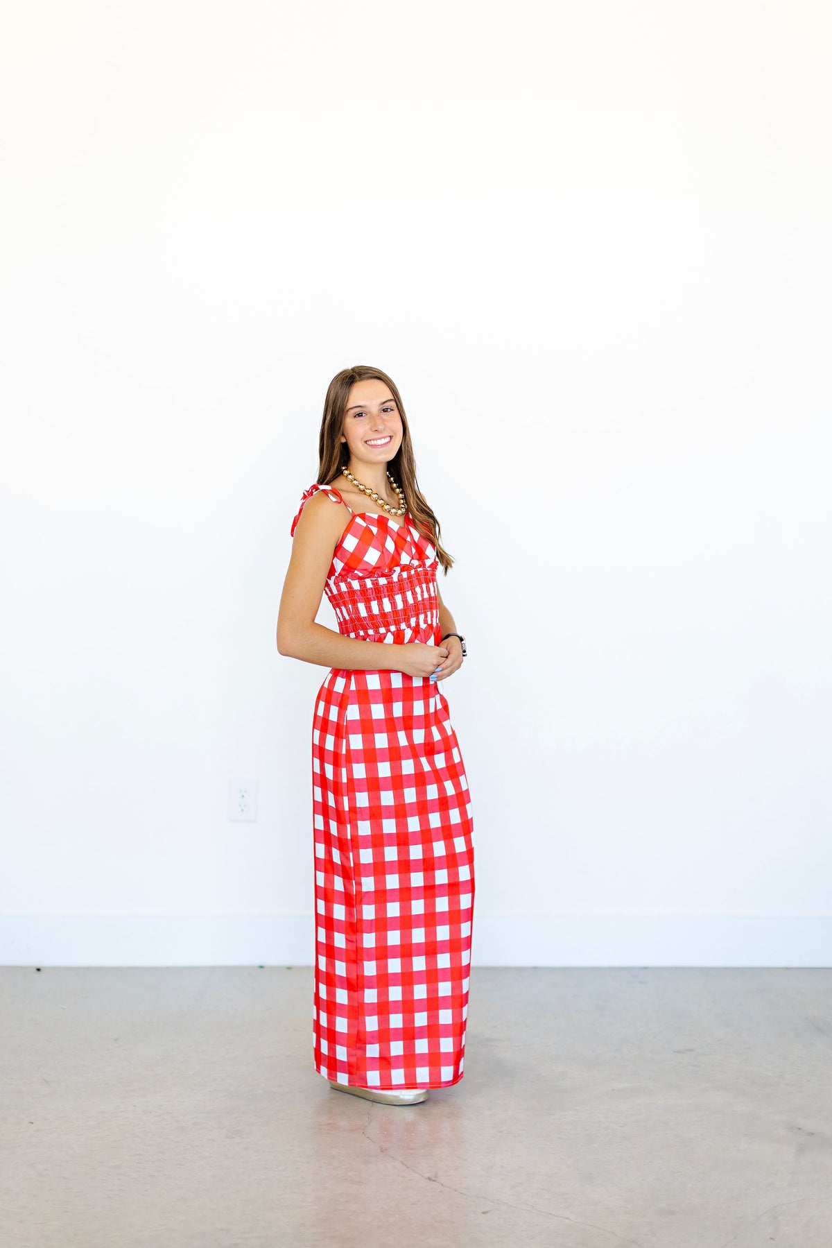 Red & White Gingham sweetheart neckline top and midi skirt set