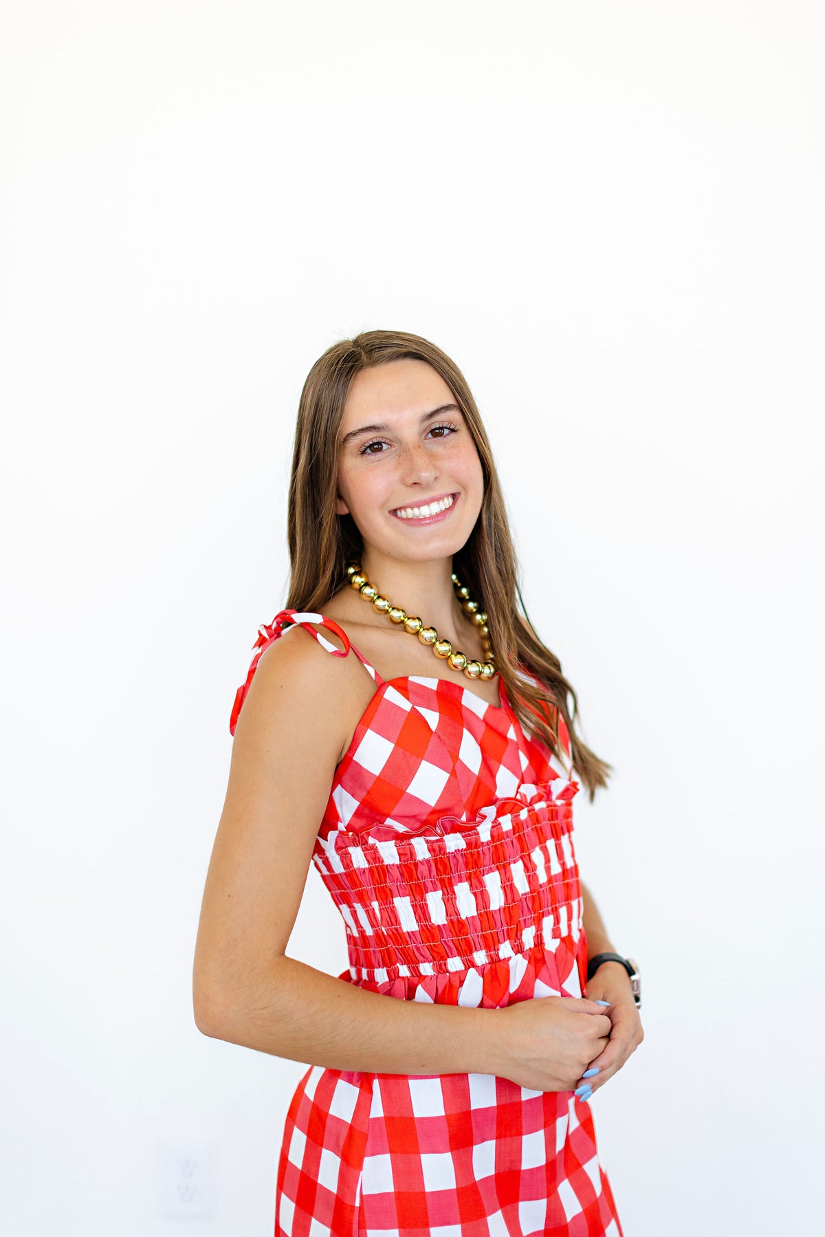 Red & White Gingham sweetheart neckline top and midi skirt set