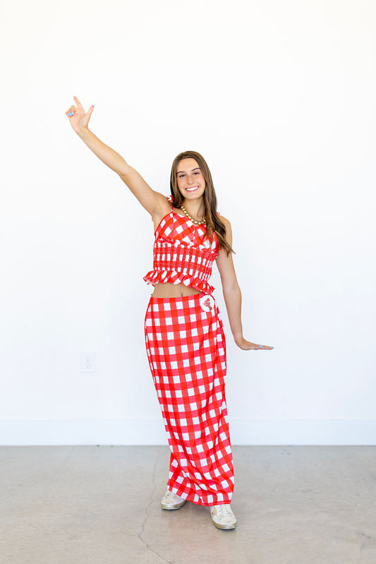 Red & White Gingham sweetheart neckline top and midi skirt set