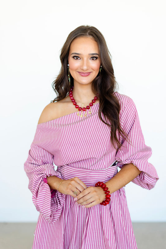Red & WhiteTwo Piece Striped Cropped Top and Skirt Set