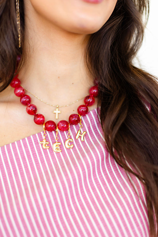 Red "TECH"  Bubble Letter Beaded Necklace