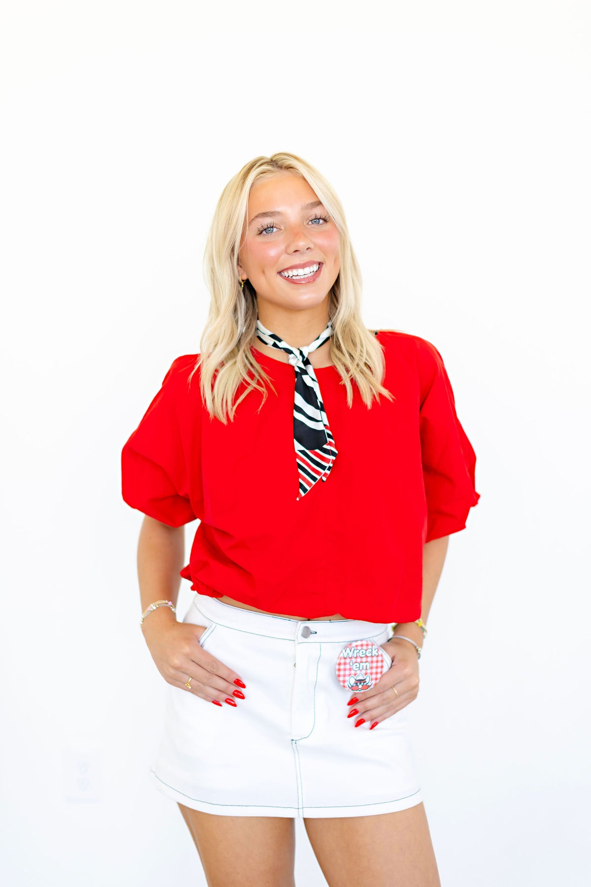 RED Bubble Sleeve Back Zipper Detail Crop Top