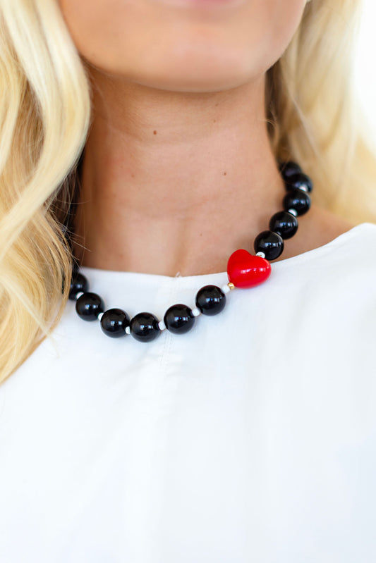 Black W/ Red Heart Chunky Beaded Heart Necklace