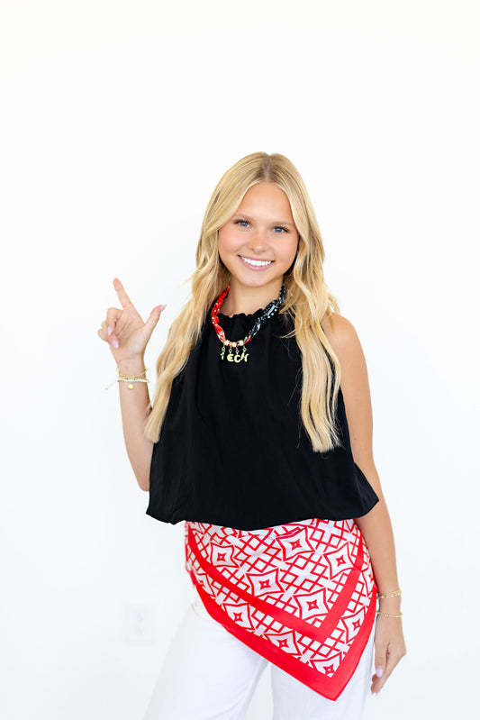 Gathered Neckline With Tie Halter Style Top: Black