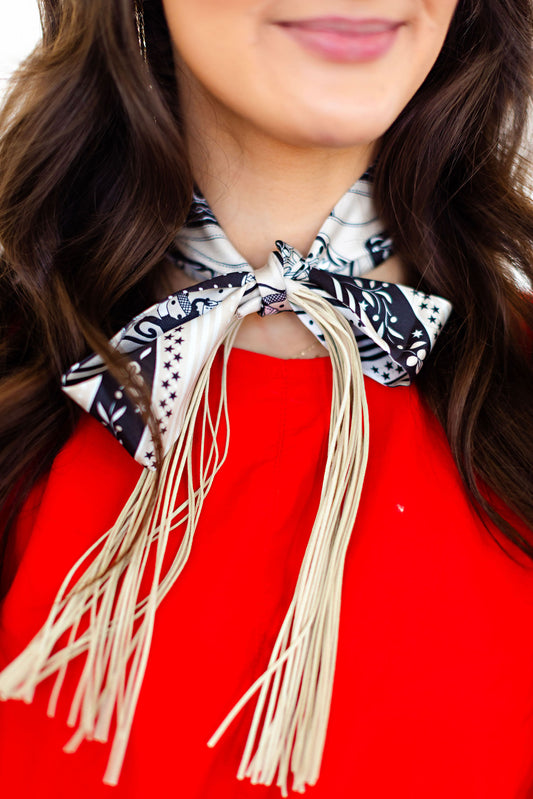 White, Black & Tan Scarf with Fringe -