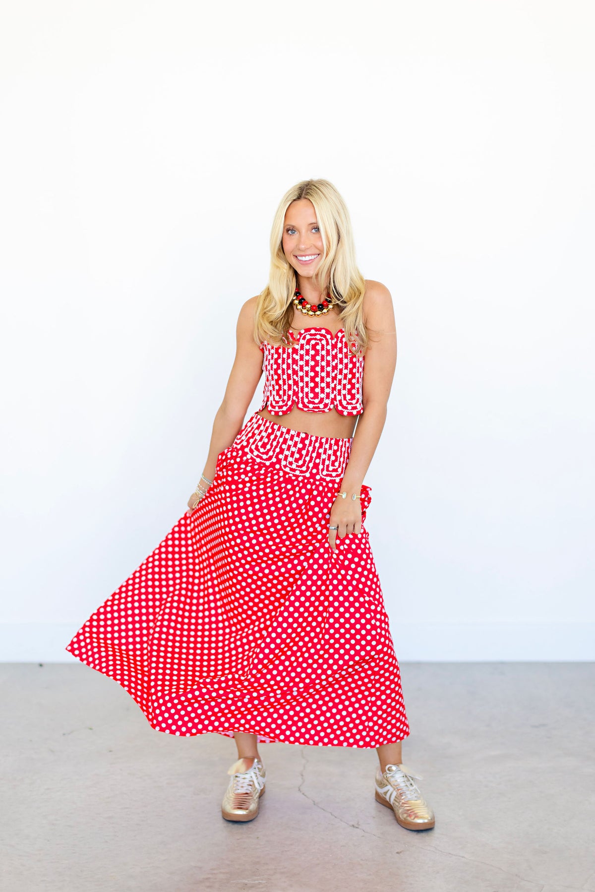 Red & White Crop Top And Polka Dot Maxi Skirt Set