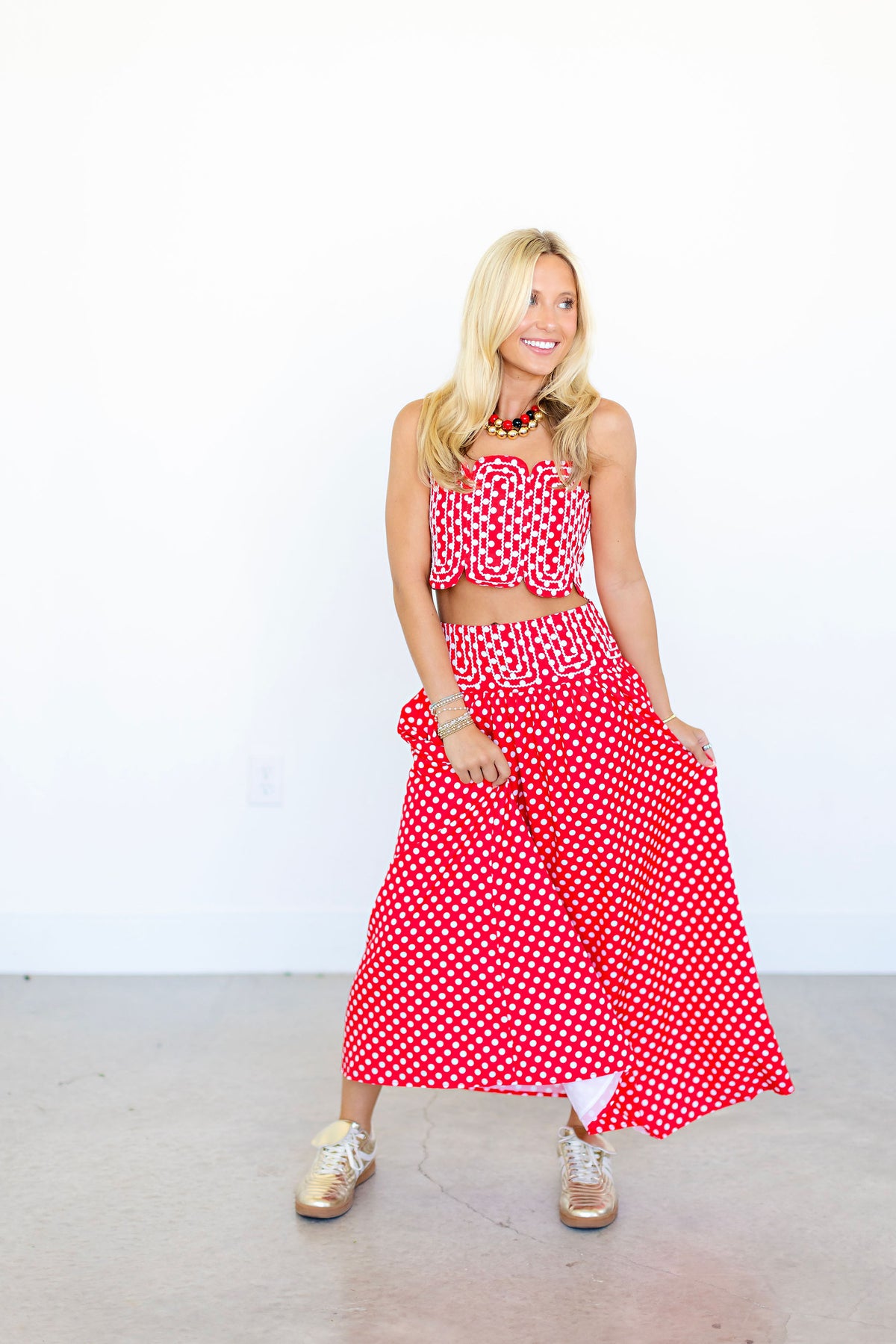 Red & White Crop Top And Polka Dot Maxi Skirt Set