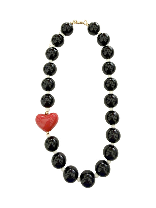 Judy Chunky Beaded Heart Necklace - Black