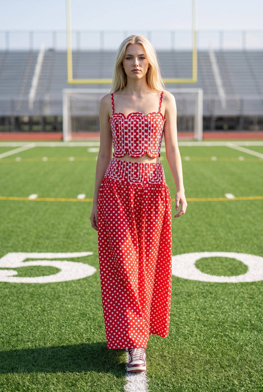Trim Appliqué Crop Top And Polka Dot Maxi Skirt Set: RED/WHITE / S