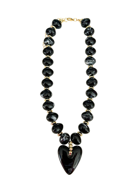 Pre Order -Athens Black Beaded Necklace with Heart Charm