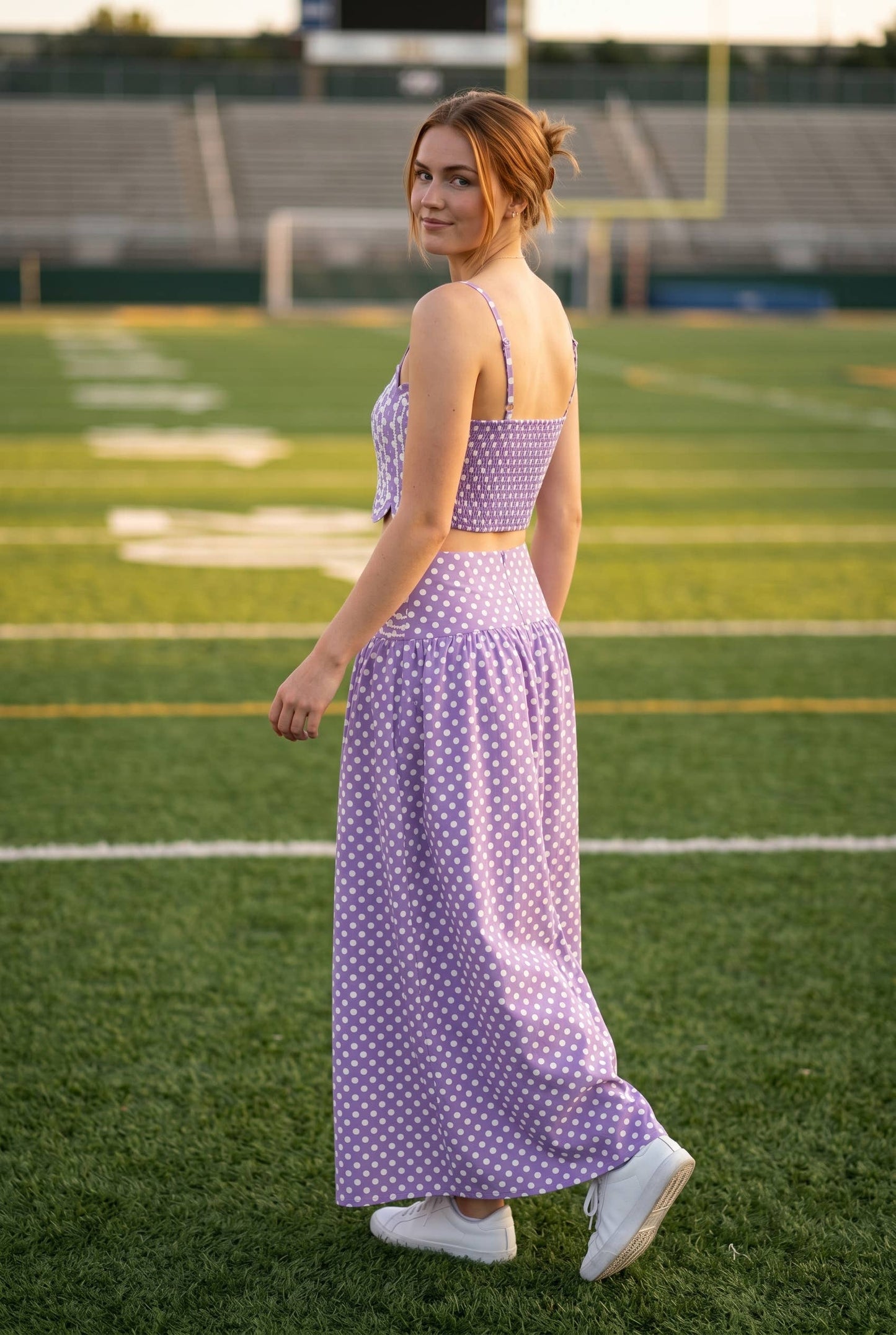 Trim Appliqué Crop Top And Polka Dot Maxi Skirt Set: RED/WHITE / S