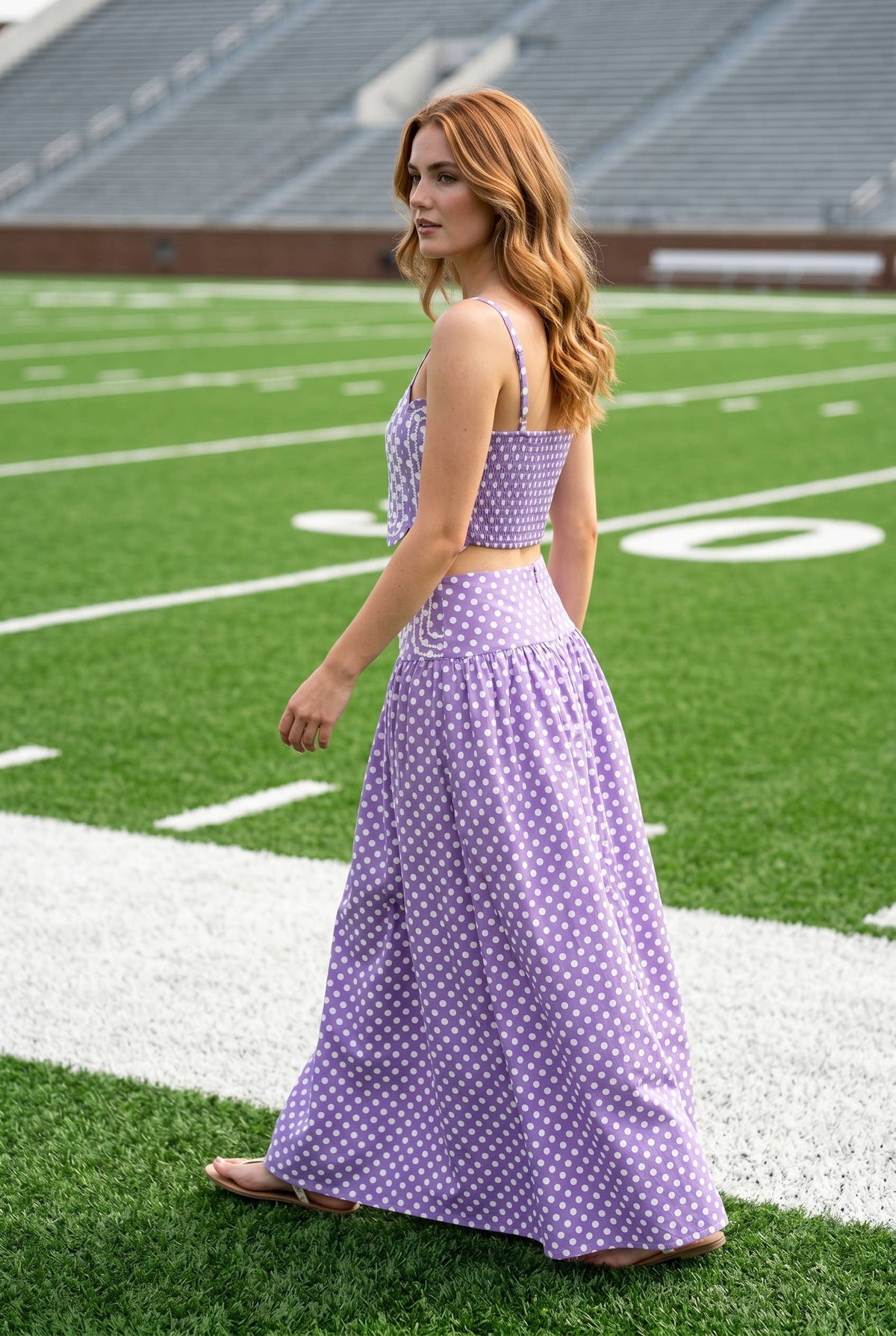 Trim Appliqué Crop Top And Polka Dot Maxi Skirt Set: RED/WHITE / S