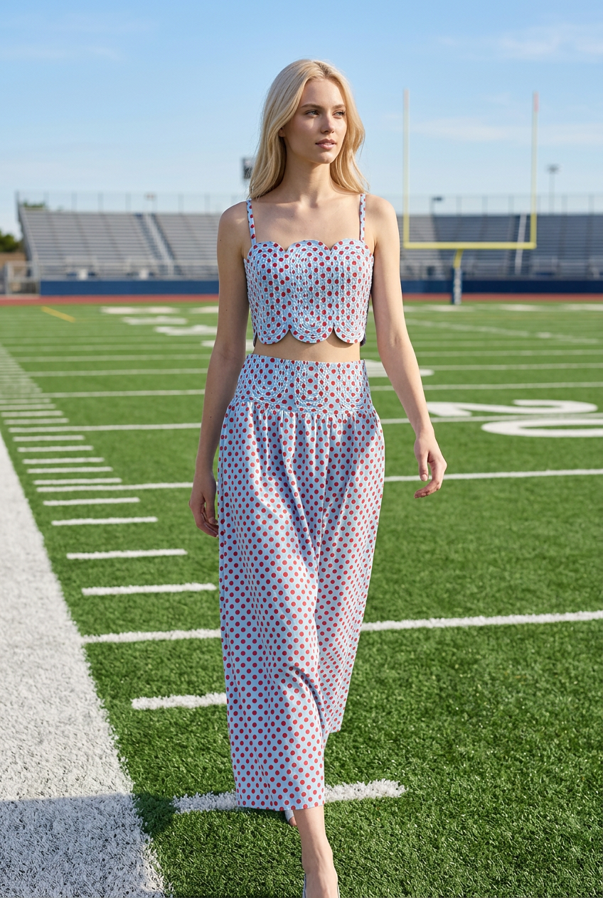 Trim Appliqué Crop Top And Polka Dot Maxi Skirt Set: RED/WHITE / S