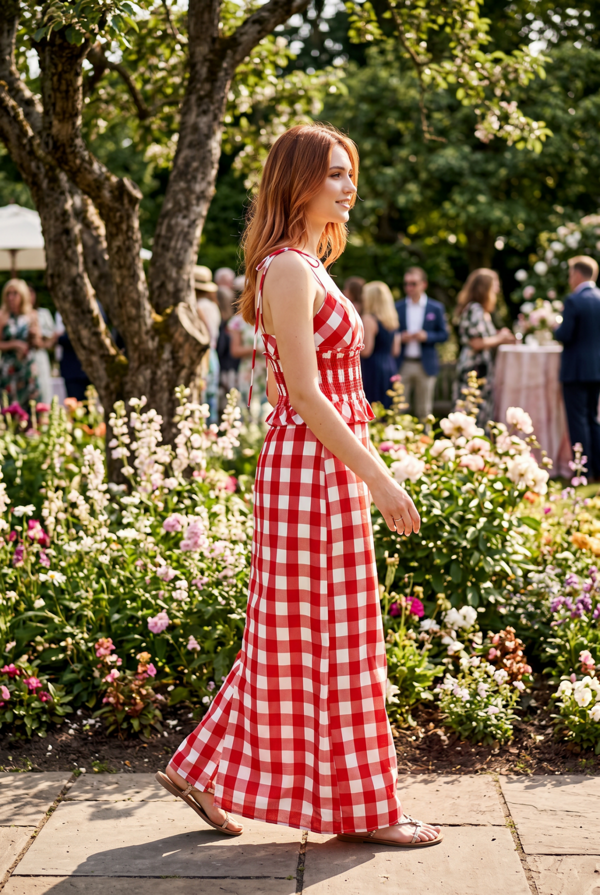 Gingham printed sweetheart neckline top and midi skirt set: RED/WHITE / S